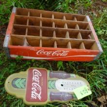 OLD COKE THERMOMETER -AND COKE CRATE  MISSING GLASS THERMOMETER