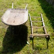 METAL WHEEL BARROW AND OLD HAND TRUCKS