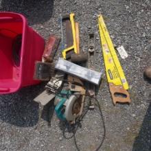 MISC. TOOLS , SKILL SAW, CROSS CUT SAW, LEVEL AND BITS