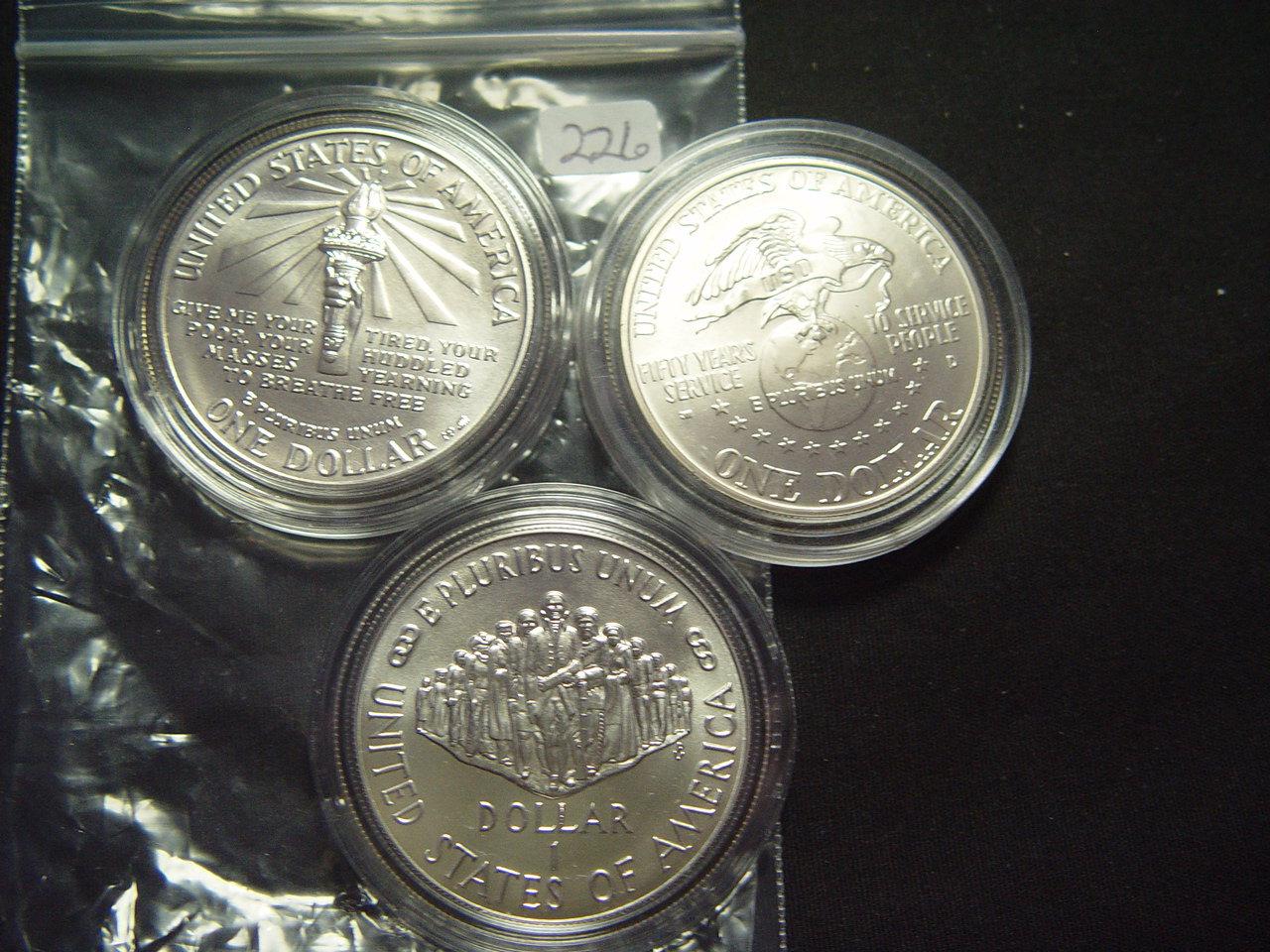 Three Different BU Silver Dollars: Statue of Liberty, USO, Constitution