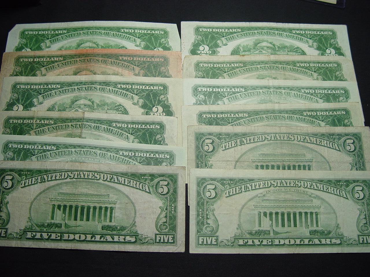 Red Seal Notes: (9) $2 Bills & (3) $5 Bills-- Several dated 1928