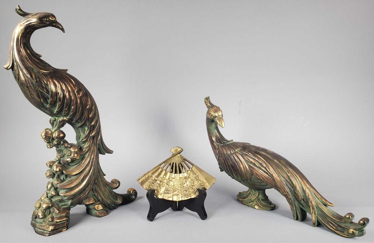 Pair of Pheasant Figurines & Small Decorative Brass Fan w/Stand