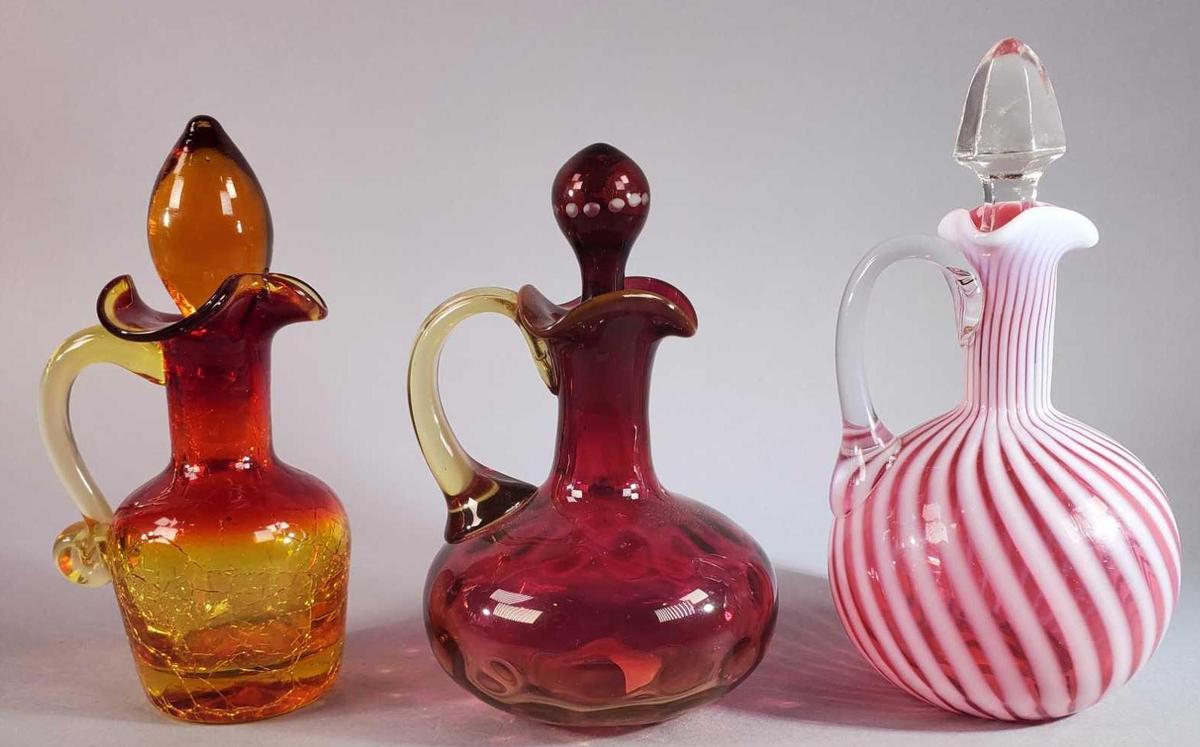 (3) Cruets: Rose Swirl Glass and Amberina