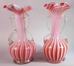 (2) Peppermint Striped Cased Art Glass Vases