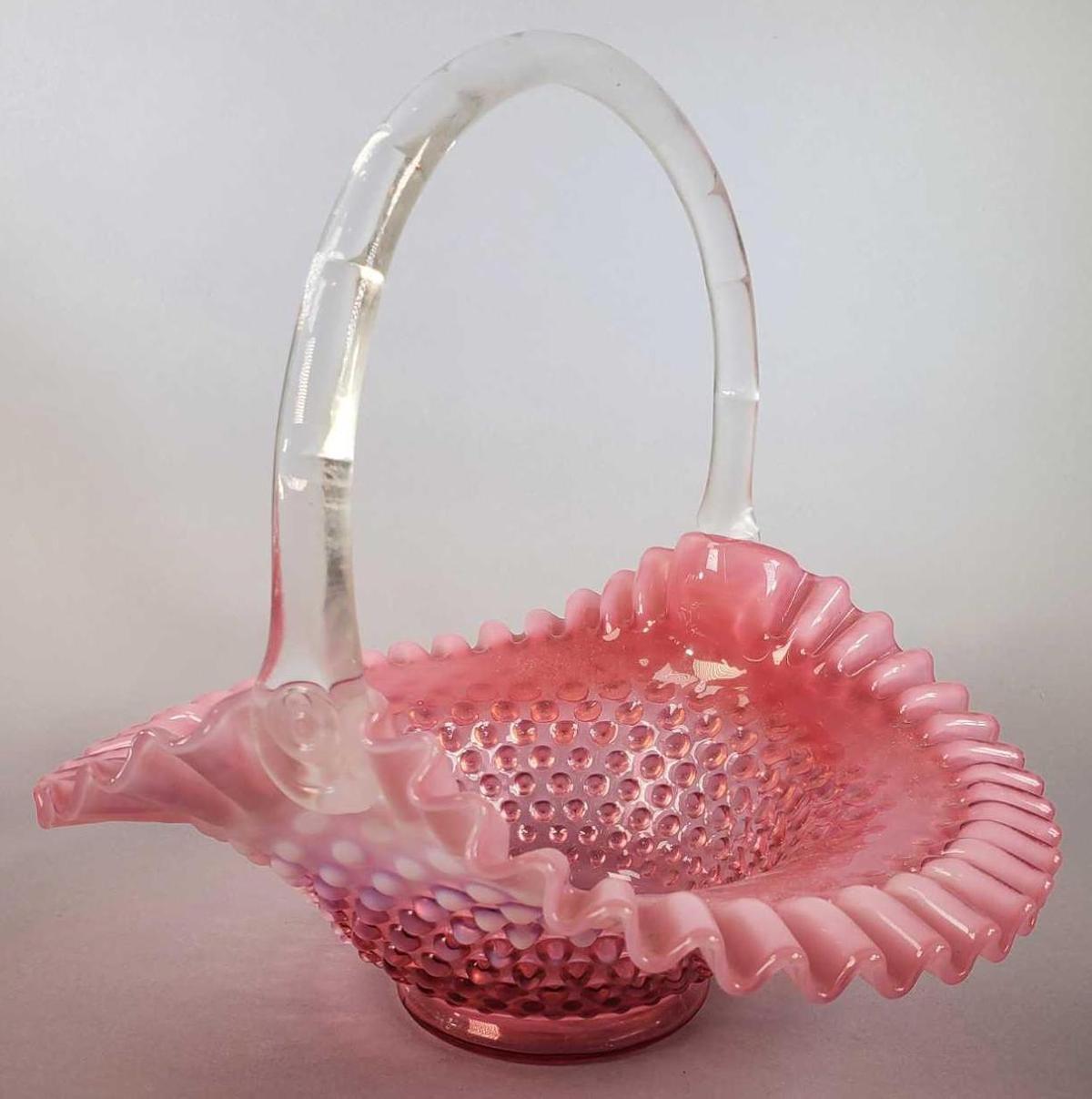 Fenton Hobnail Cranberry Opalescent Handled Basket