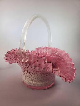 Blown Glass Ruby and White Ruffled Edge Handled Basket