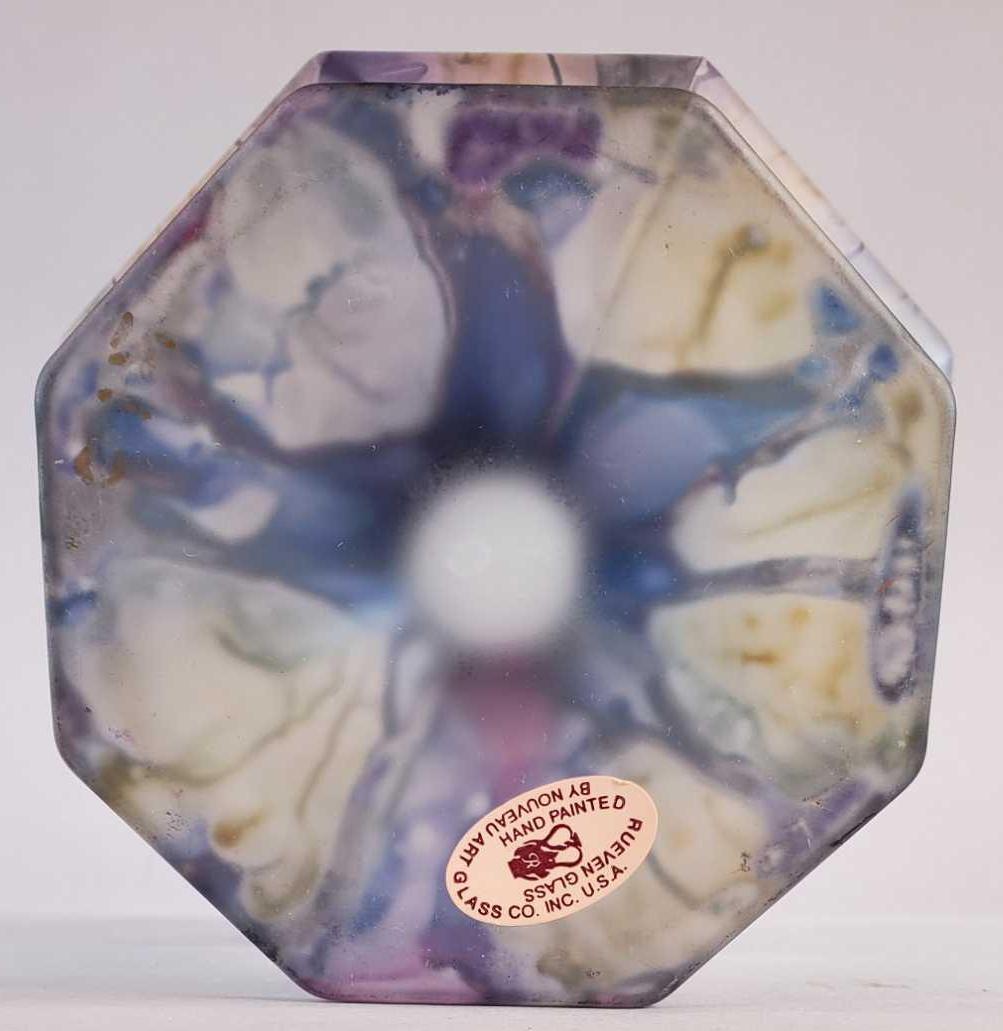 Rueven Nouveau Art Glass Octagonal Compote with Label