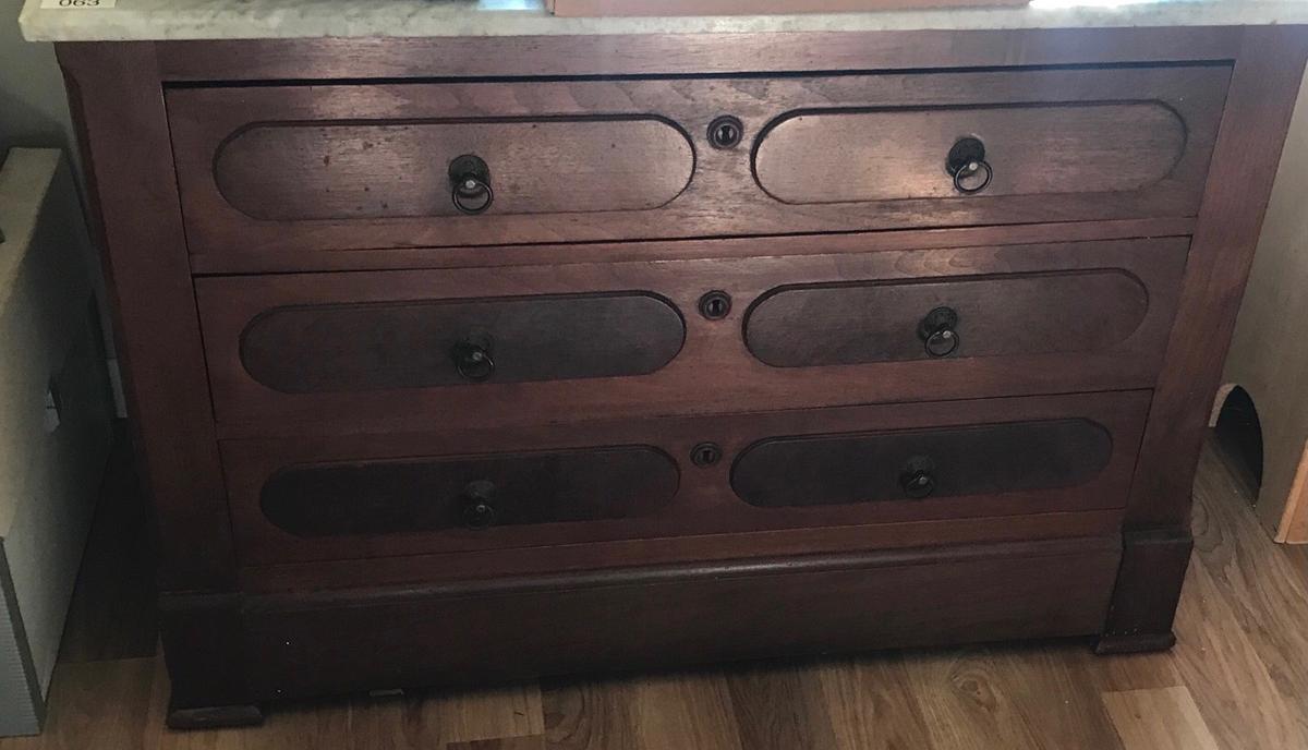 Marble-top 3-Drawer Chest with Burled Wood Detailing and Original Pulls (LPO)