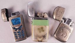 (3) Vintage Flint Lighters: Nokia Phone, 4-leaf Clover & Camel