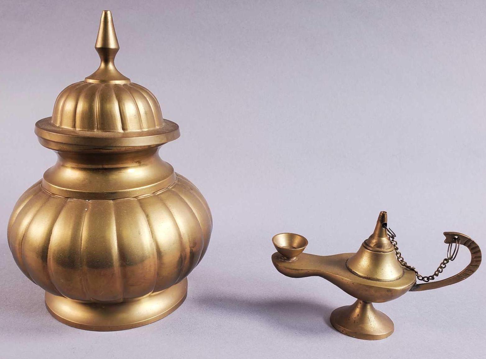 Vintage Brass Temple Urn & Aladdin Genie Lamp Incense Burner