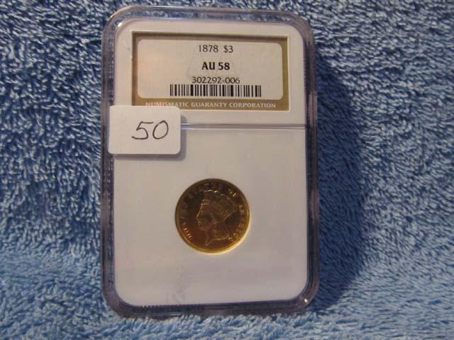 1878 $3. GOLD PIECE NGC AU58