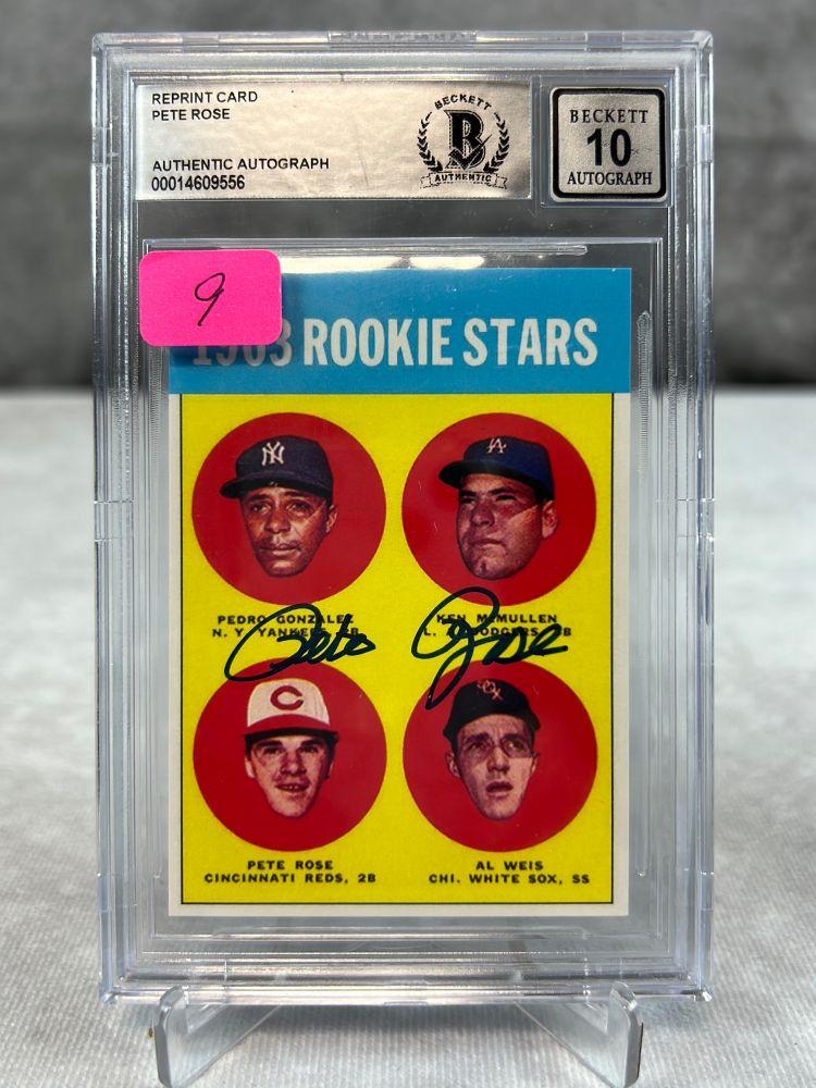 Pete Rose reprint Rookie card, signed, Beckett 10