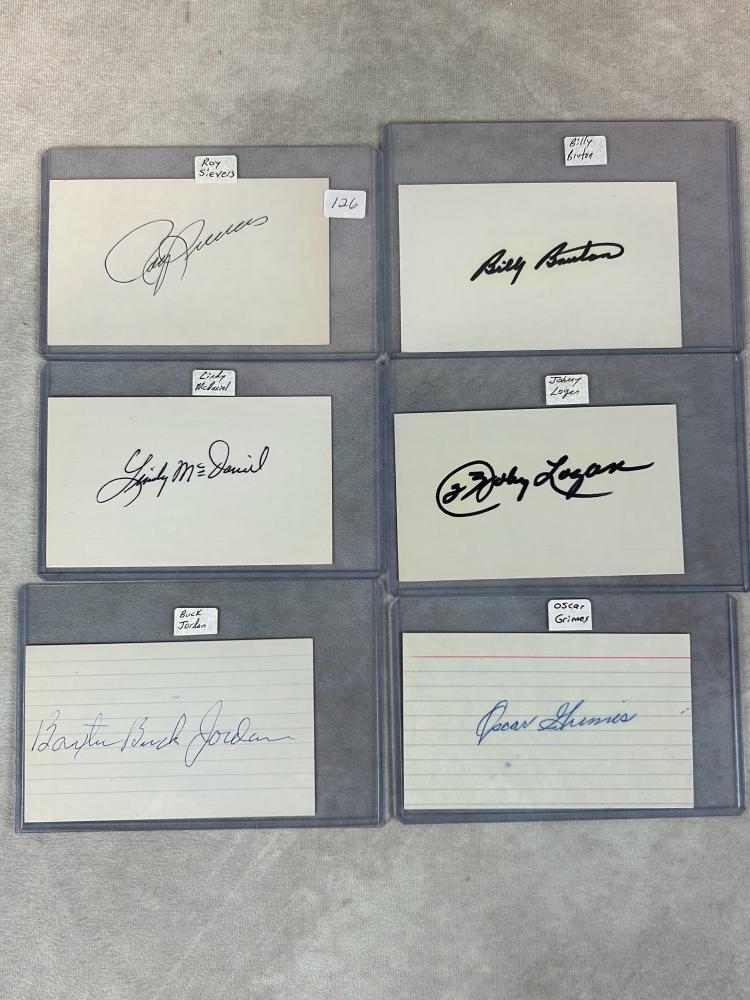 (6) Signed 3 x 5 Index Cards - Sieves, McDaniel, Jordan, Bruton, Logan, and Grimes