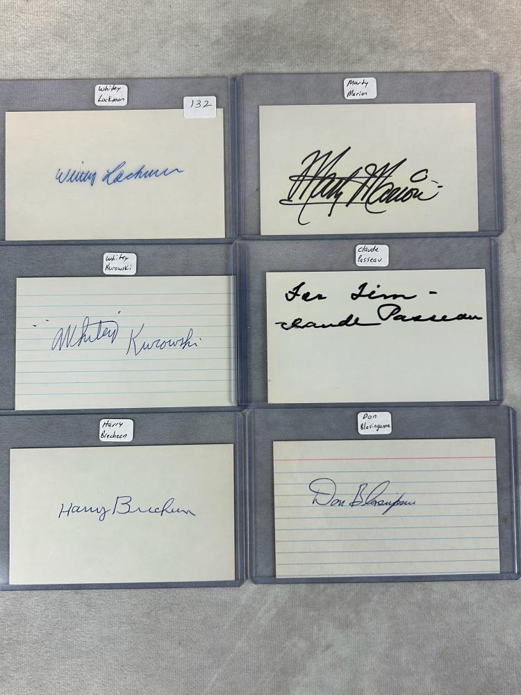 (6) Signed 3 x 5 Index Cards - Lockman, Kurowski, Brecheen, Marion, Passeau, and Blasingame