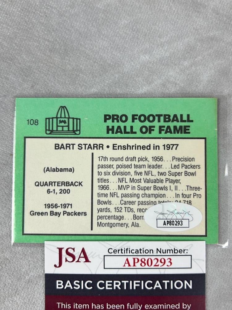 Bart Starr Signed HOF Football Immortals Card- Signed Football Exhibit Card- JSA