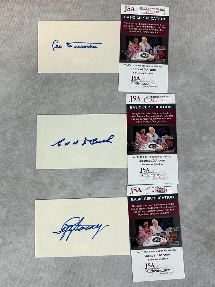 (3) Signed 3 x 5 Index Cards - Leo Durecher, Ed Roush, and Lefty Gomez - JSA