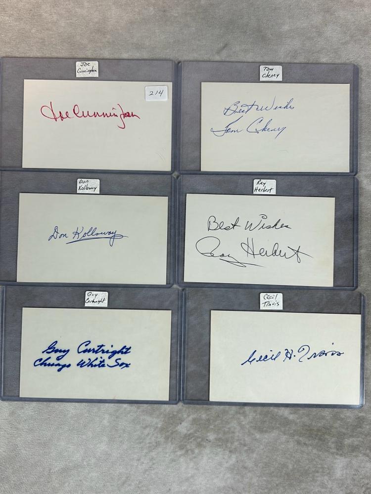 (6) Signed 3 x 5 Index Cards - Cunningham, Cheney, Kolloway, Herbert, Travis, and Cartwright