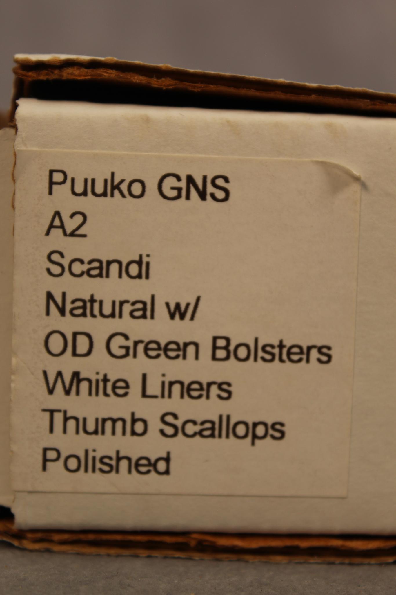 LT WRGHT - PUUKO A2 SCANDI NATURAL W/ OD GREEN BOLSTERS WHITE LINERS, THUMB SCALLOPS, POLISHED