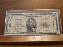 1929 $5. NATIONAL CURRENCY NOTE SHARON, PA. SERIAL #D000822A CHARTER 8764