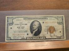 1929 $10. NATIONAL CURRENCY NOTE NEW YORK, NY. SERIAL #B01131352A