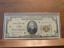 1929 $20. NATIONAL CURRENCY NOTE CHICAGO, IL. SERIAL # G01158657A