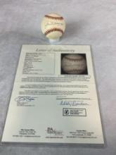 Joe DiMaggio signed American League Ball, blue ink sweet spot, full JSA letter