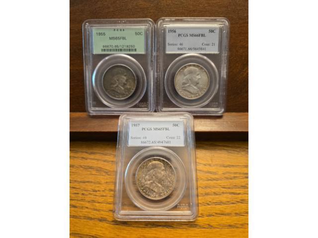 1955. 1956, 1957 FRANKLIN HALVES ALL PCGS MS65FBL AND MS66FBL