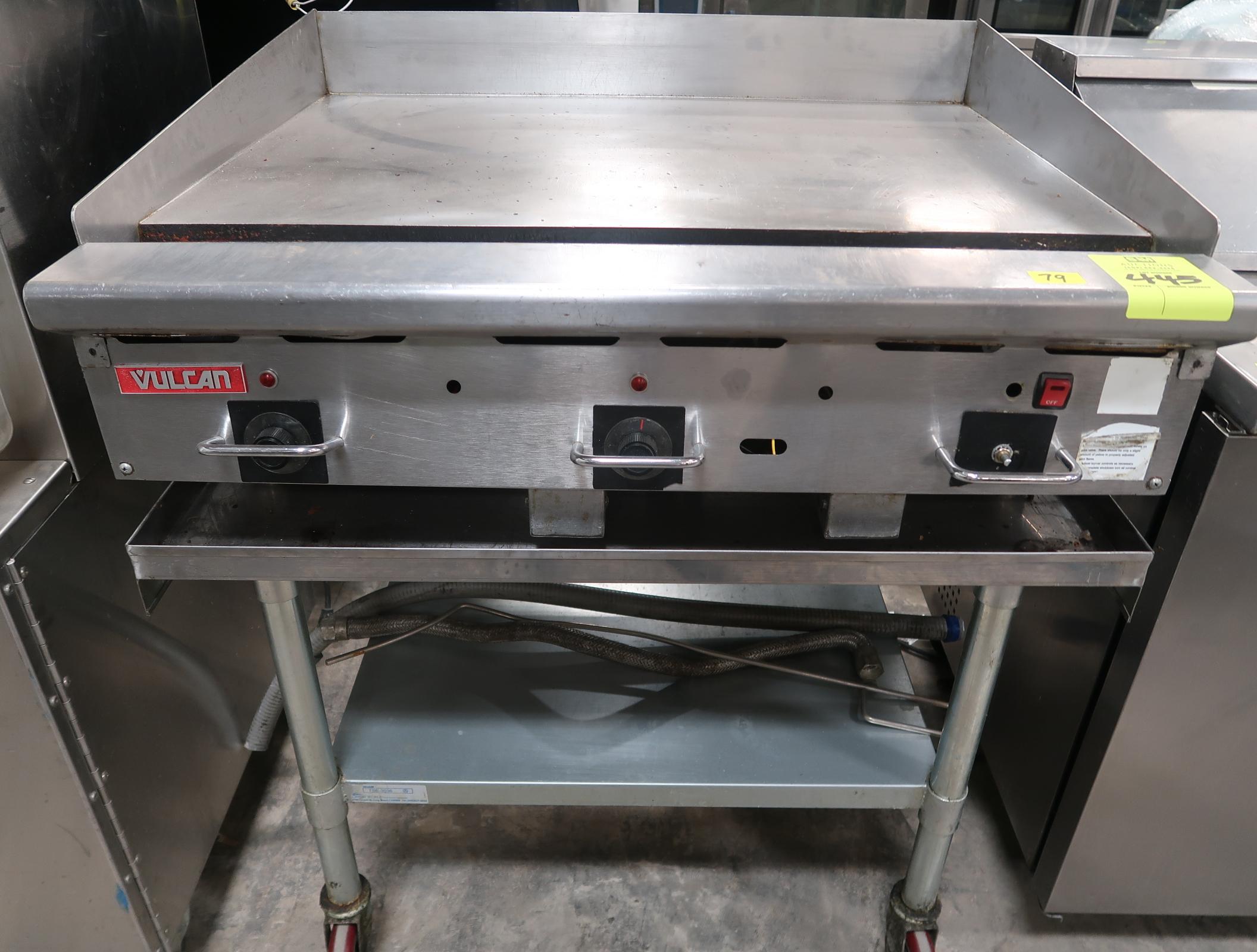 Vulcan 36" griddle, on stainless equipment stand w/ undershelf & casters