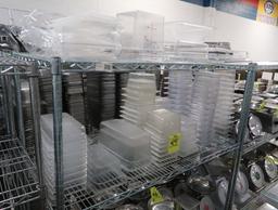 plastic pans, assorted, all on top two shelves