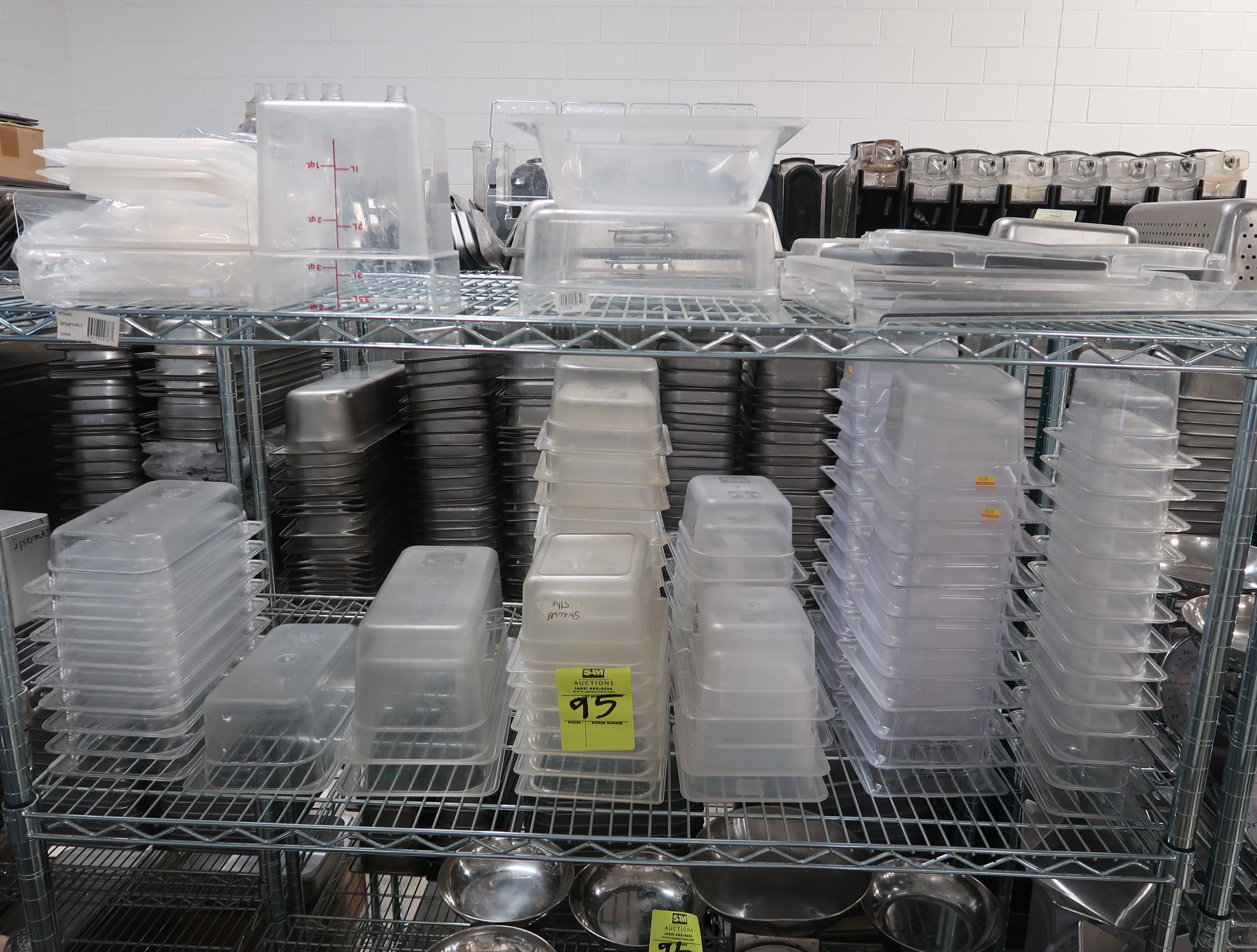 plastic pans, assorted, all on top two shelves