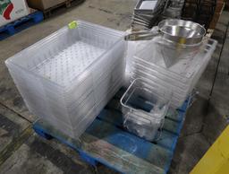 pallet of plastic containers w/ lids & sieves