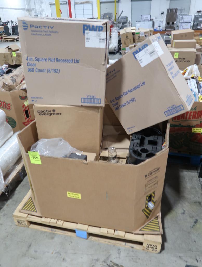 crate of misc- deli containers, Epson receipt printers, glass jars, etc