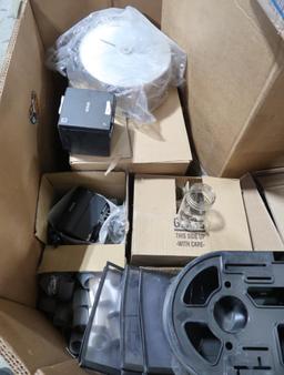 crate of misc- deli containers, Epson receipt printers, glass jars, etc