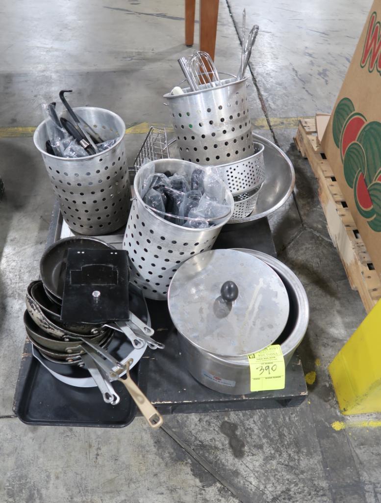 pallet of misc- electric warmer, frying pans, aluminum draining buckets, etc