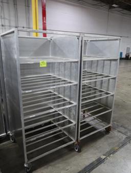 aluminum tub/tray racks w/ 3) sides covered, on casters