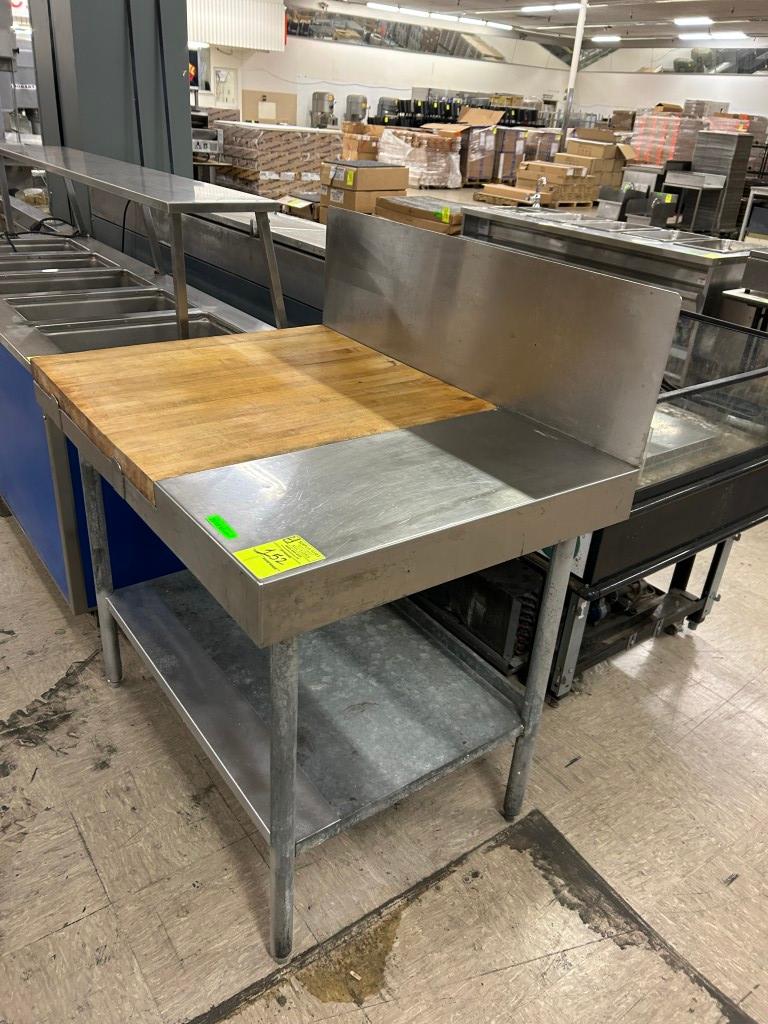 WOOD BLOCK/STAINLESS STEEL TABLE W/ BACKSPLASH