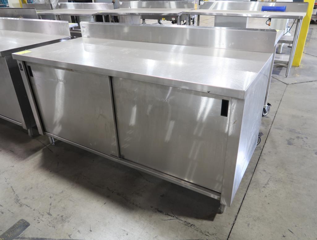 stainless table w/ backsplash & cabinets under