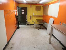 contents of 2) rooms- folding tables, fan on stand, wall shelves, etc