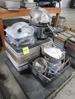 pallet of misc- aluminum sheet pans, hanging dial scale, sieve,