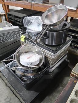 pallet of misc- aluminum sheet pans, hanging dial scale, sieve,