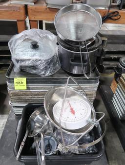 pallet of misc- aluminum sheet pans, hanging dial scale, sieve,
