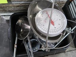 pallet of misc- aluminum sheet pans, hanging dial scale, sieve,