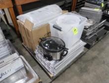 pallet of misc- new french loaf pans, Crock pot, plastic containers