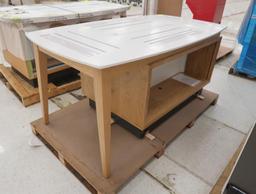 wooden merchandising table w/ solid surface top & cabinets, new