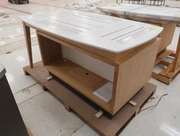 wooden merchandising table w/ solid surface top & cabinets, new