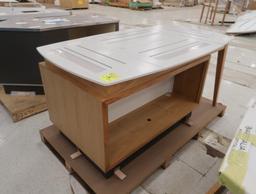 wooden merchandising table w/ solid surface top & cabinets, new