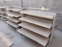 2-sided merchandising shelving units, w/ shelves, on casters