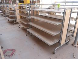 2-sided merchandising shelving units, w/ shelves, on casters