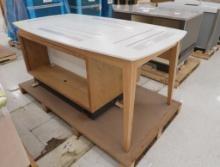 wooden merchandising table w/ solid surface top & cabinets, new