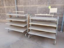 2-sided merchandising shelving units, w/ shelves, on casters